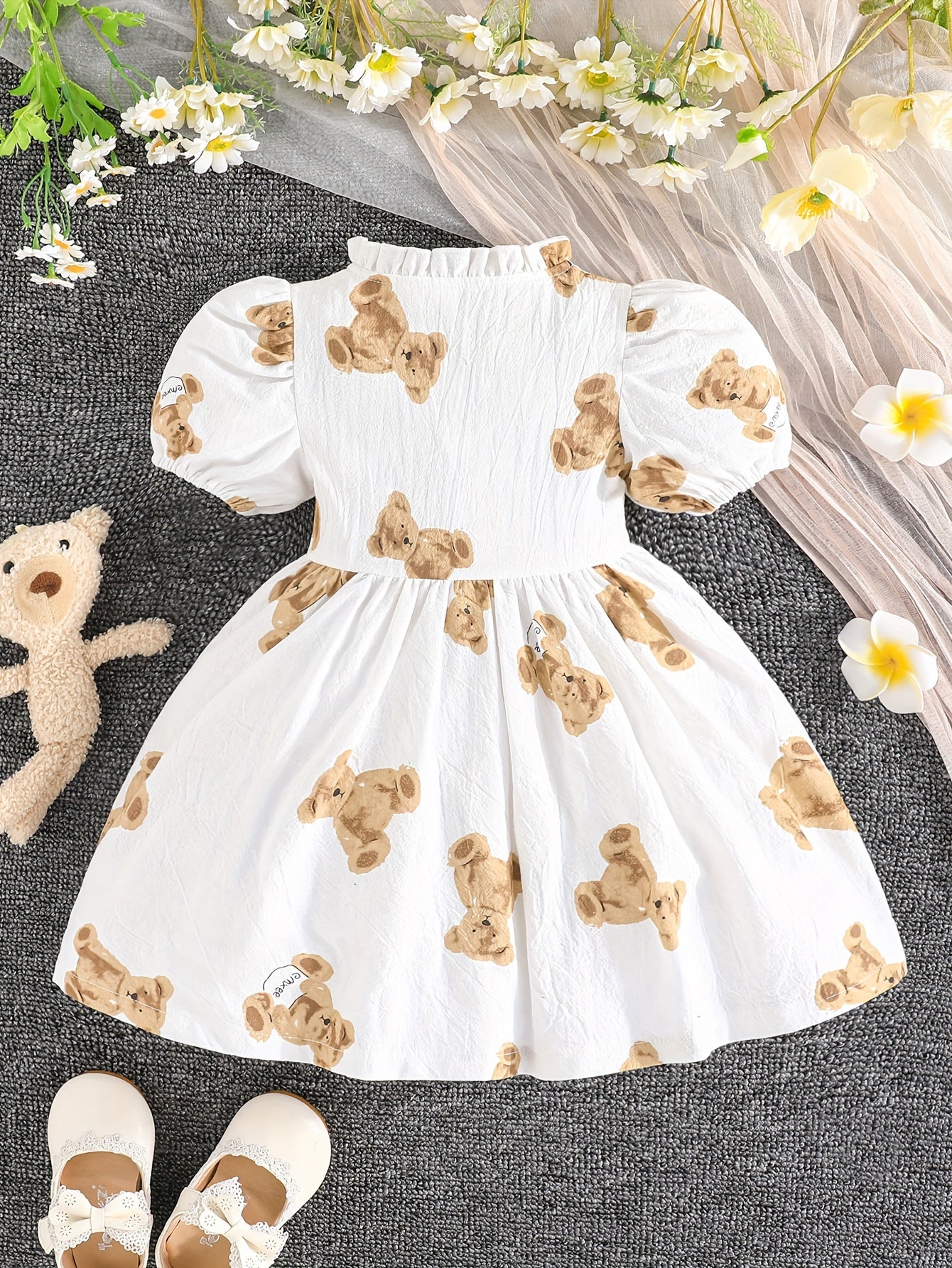 Baby Girls Summer Puff Short Sleeve Bear Print Lace Neck Button Cardigan Casual Dress