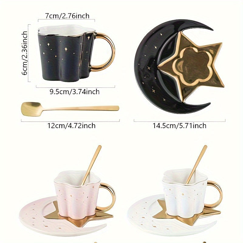 Set, Star Moon Teacup And Saucer, Ceramic Coffee Cup And Saucer Plate, Shiny Exquisite Drinking Cups For Breakfast, Tea Party, Afternoon Tea, Home, Garden, Restaurant And More, Summer Winter Drinkware, Christmas Decor