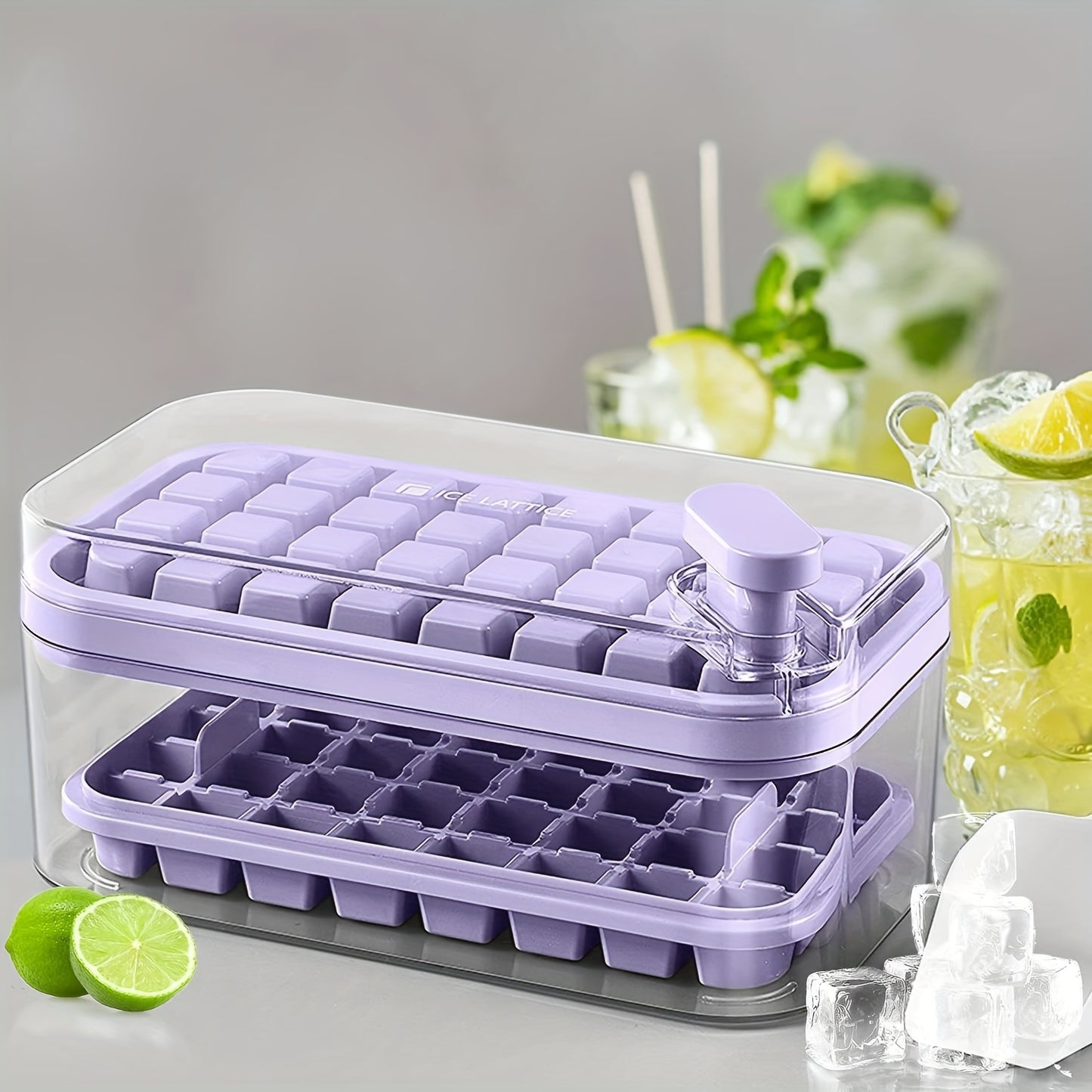 Ice Cube Tray With Lid And Bin, 2 Pack Ice Cube Trays For Freezer, 64-grid Ice Cube Mold (Purple)