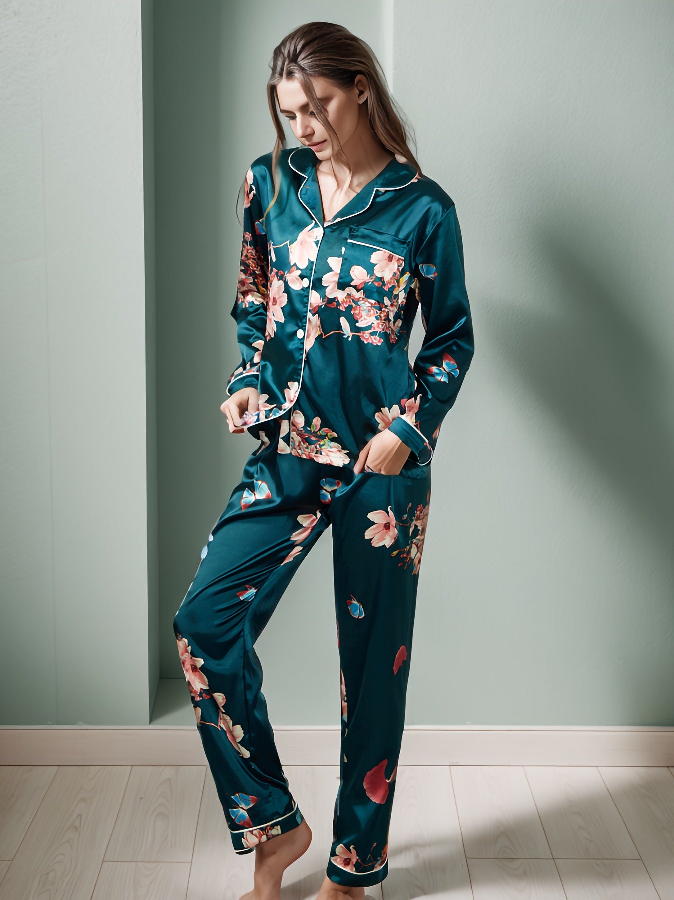 Floral Print Satin Pajama Set, Long Sleeve Button Up Lapel Top & Elastic Waistband Pants, Women's Sleepwear & Loungewear