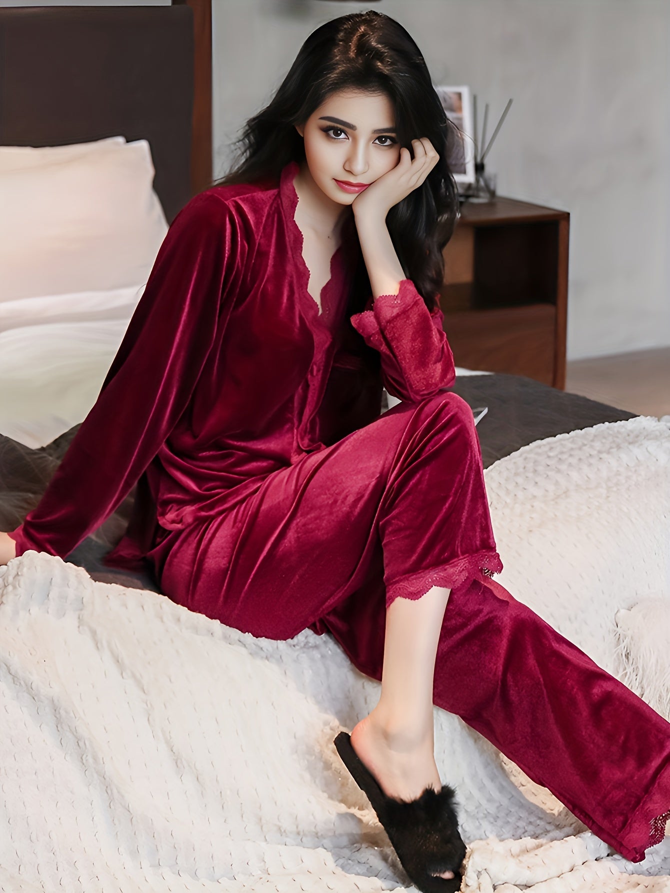 Solid Print Velvet Pajama Set, Elegant Lace Trim Long Sleeve Button Top & Elastic Waistband Pants, Women's Sleepwear & Loungewear