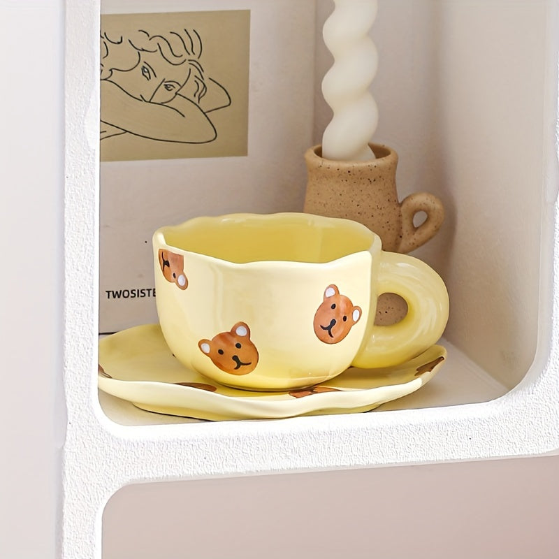 1 Set 6.09oz Little Bear Coffee Cup With Saucer Ceramic Mug Water Cups Tea Cup Summer Winter Drinkware