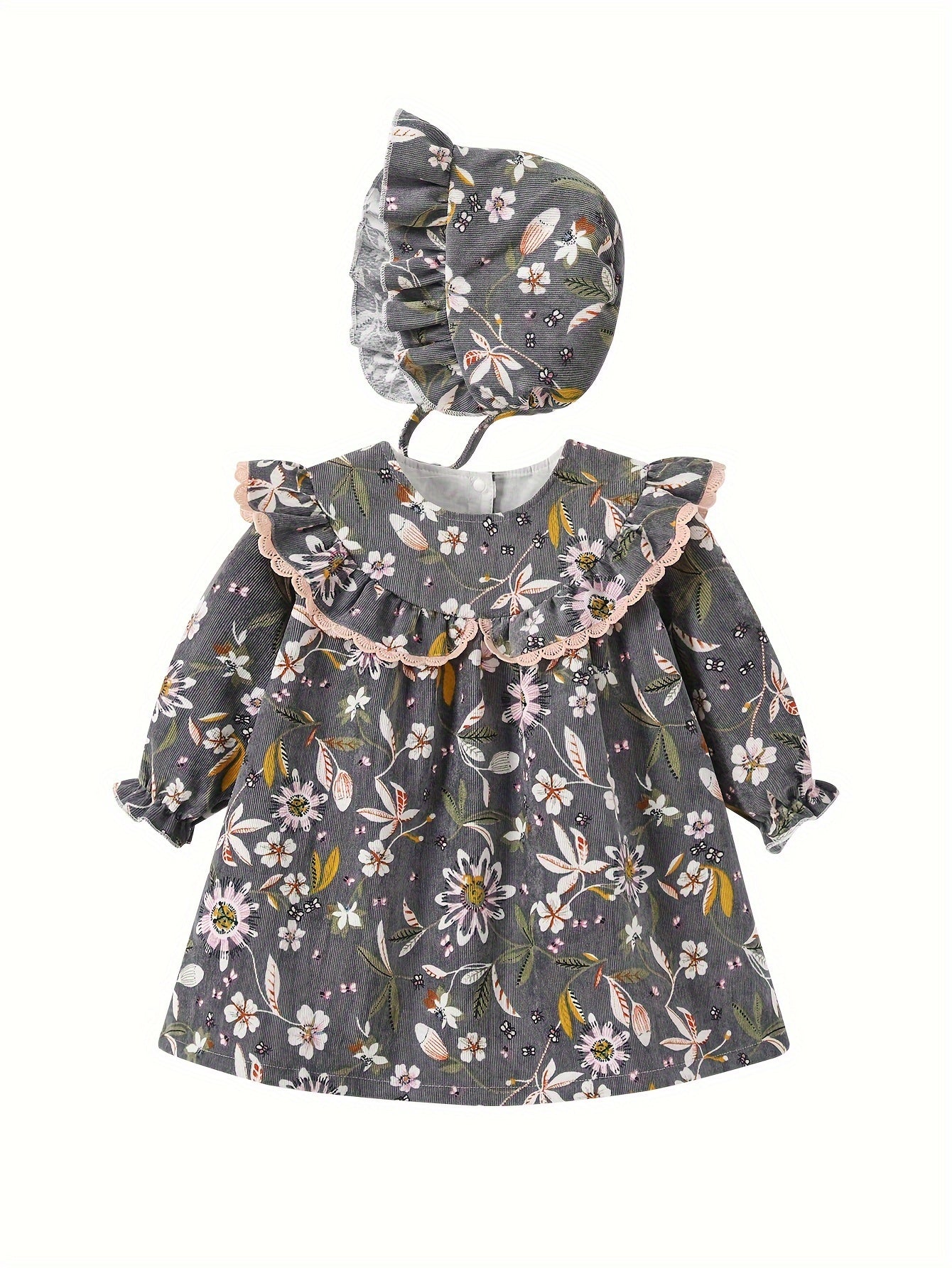 Cute Baby Girl Floral print pit stripe lapel casual Dress with hat set