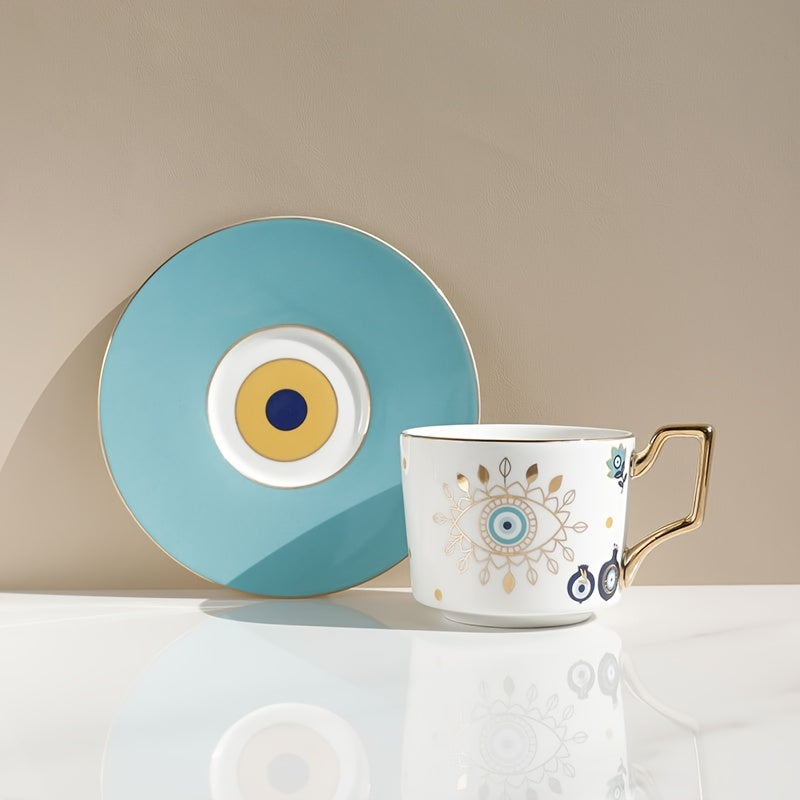 Set, Evil Eye Teacup And Saucer, Ceramic Coffee Cup And Saucer Plate, Nordic Style Drinking Cups For Breakfast, Tea Party, Afternoon Tea, Home, Garden, Restaurant And More, Summer Winter Drinkware