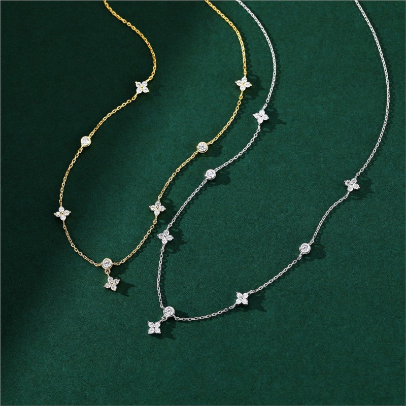 Four-leaf Clover & Round Shape Zircon Chain Necklace For Women