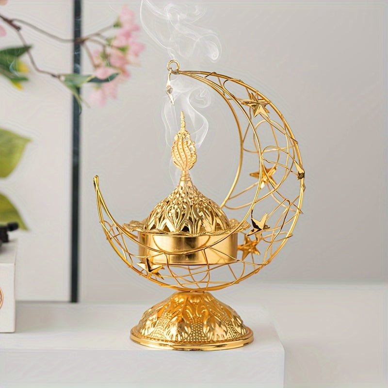 1pc Middle East Handheld Crescent Metal Incense Burner, Middle East Arabian Decor Incense Burner,Ramadan Living Room Desktop Burner