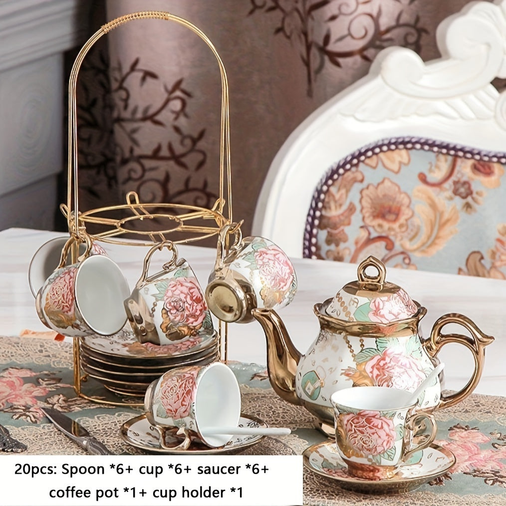 3/20pcs Tea Set, Ceramics Tea Set, Afternoon Tea Set Porcelain Tea Set With Metal Holder, European Ceramic Tea Set For Adults,Flower Tea Set,Tea Set For Women With Flower Painting