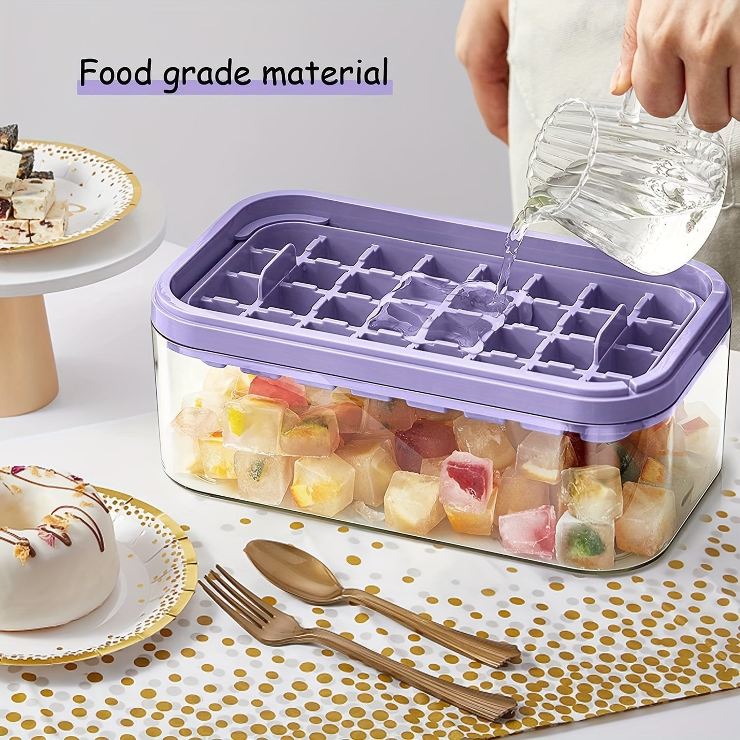 Ice Cube Tray With Lid And Bin, 2 Pack Ice Cube Trays For Freezer, 64-grid Ice Cube Mold (Purple)