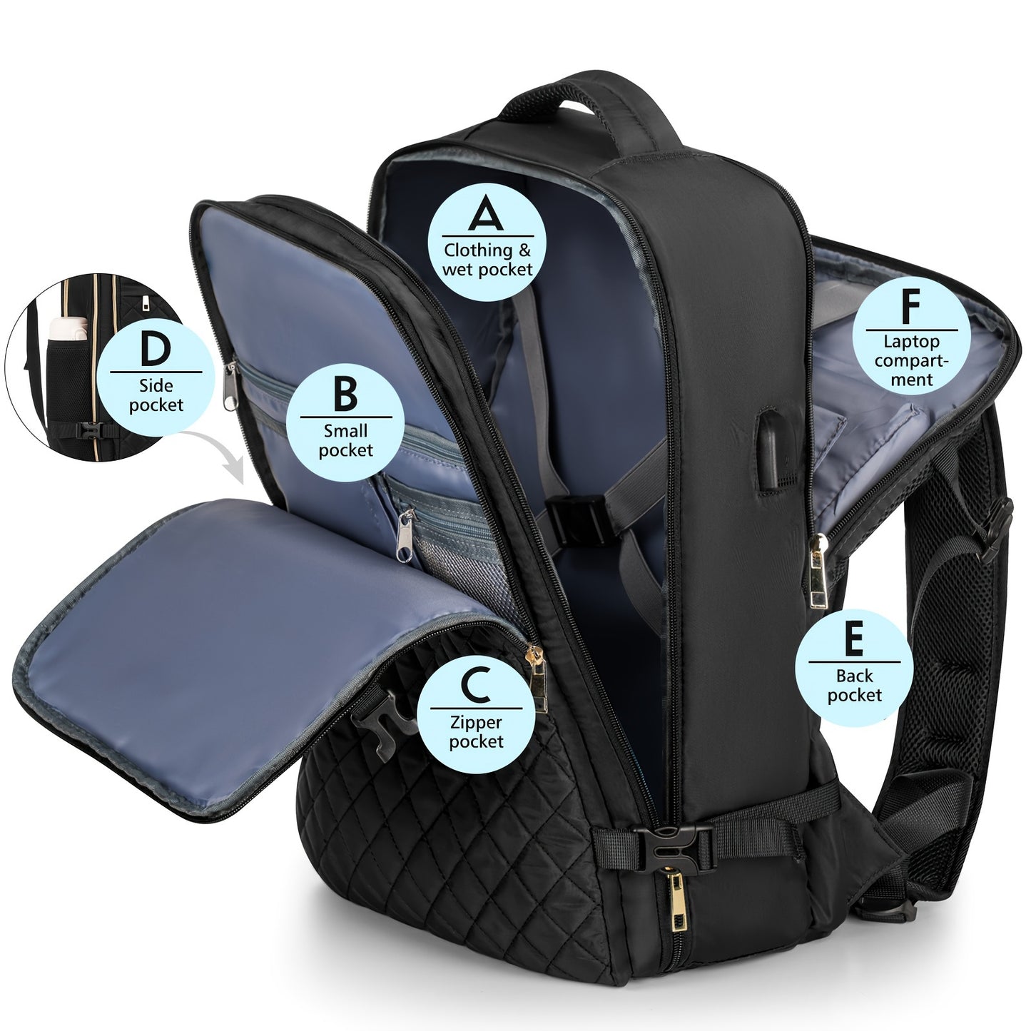 Argyle Pattern Travel Backpack, Flight Approved Carry On Backpack, Water Resistant Anti-Theft Large Casual Daypack Fit 17 Inch Laptop With USB Charging Port