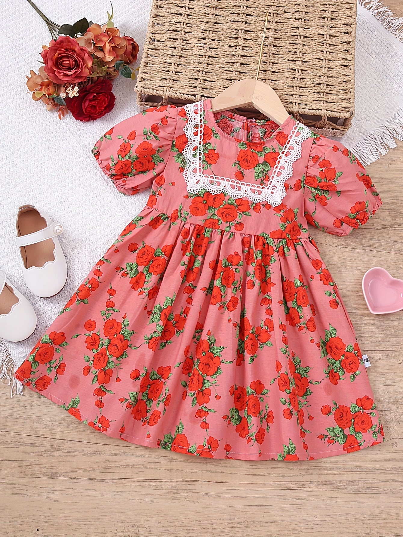 Sweet Toddler Girls Rose Flower Graphic Puff Short Sleeve Dress