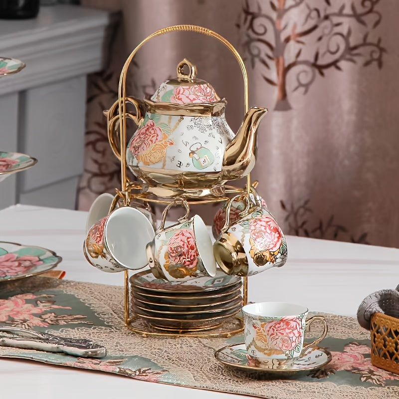 3/20pcs Tea Set, Ceramics Tea Set, Afternoon Tea Set Porcelain Tea Set With Metal Holder, European Ceramic Tea Set For Adults,Flower Tea Set,Tea Set For Women With Flower Painting