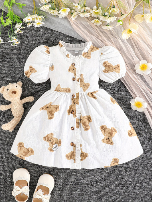 Baby Girls Summer Puff Short Sleeve Bear Print Lace Neck Button Cardigan Casual Dress