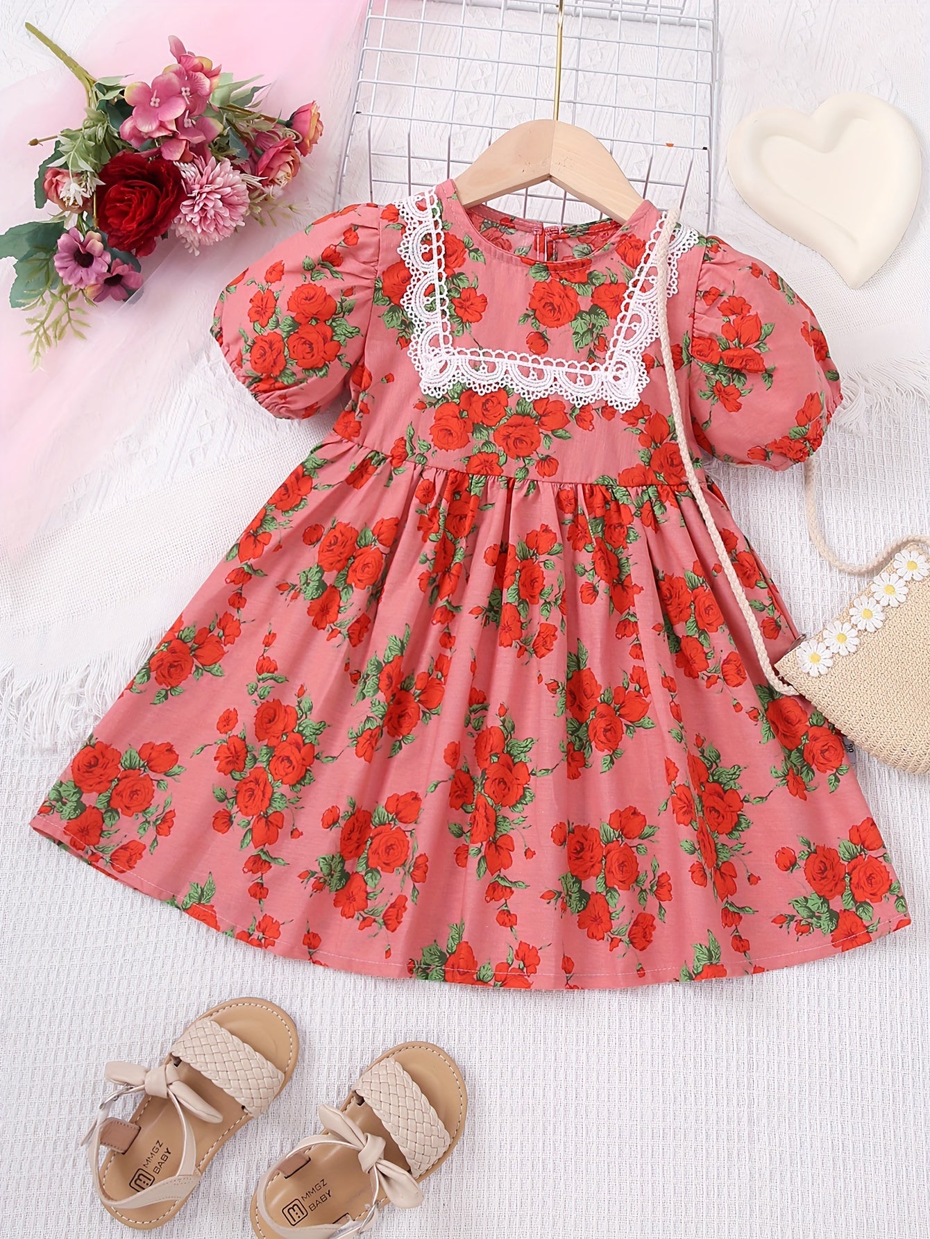 Sweet Toddler Girls Rose Flower Graphic Puff Short Sleeve Dress