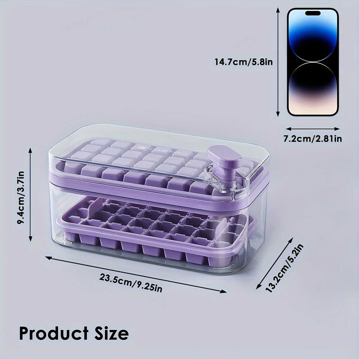 Ice Cube Tray With Lid And Bin, 2 Pack Ice Cube Trays For Freezer, 64-grid Ice Cube Mold (Purple)