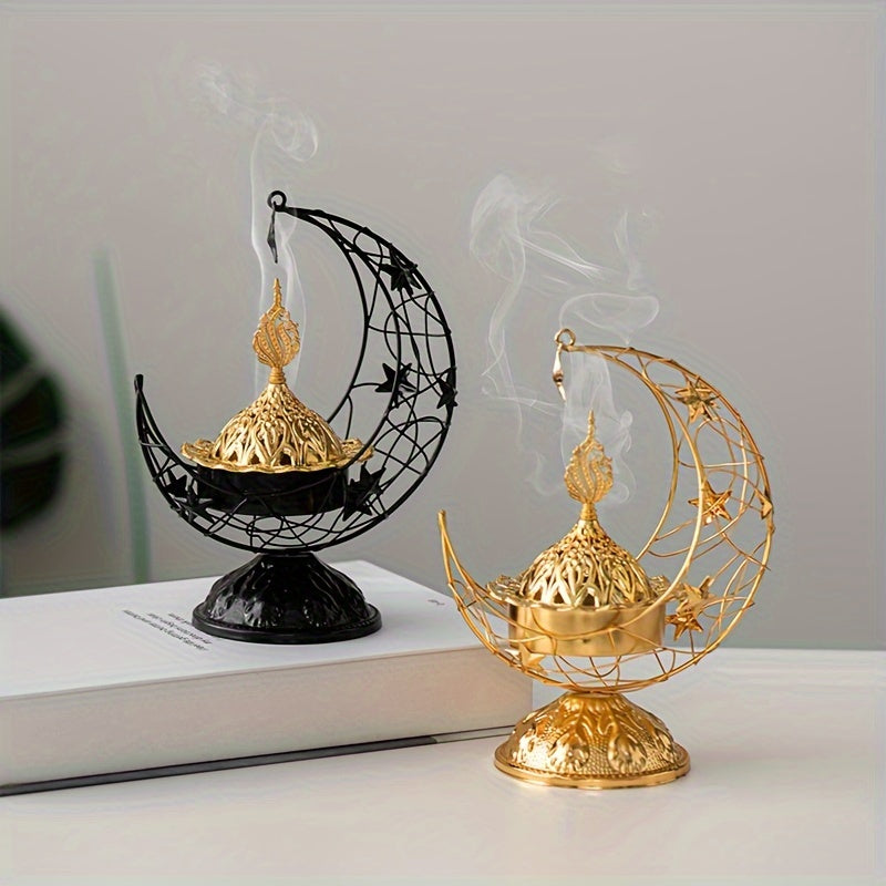 1pc Middle East Handheld Crescent Metal Incense Burner, Middle East Arabian Decor Incense Burner,Ramadan Living Room Desktop Burner