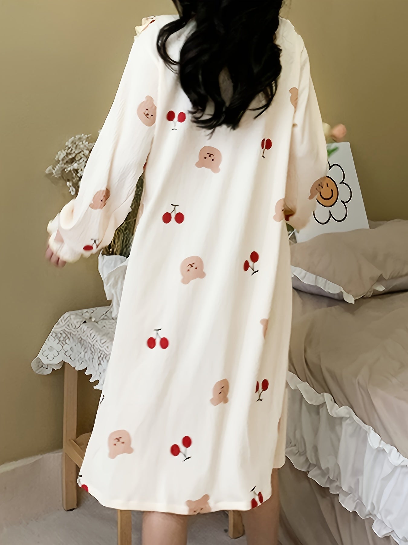 Cute Bear & Cherry Print Nightdress, Ruffle Trim Flounce Sleeve Square Neck Sleep Dress, Women's Sleepwear & Dresses