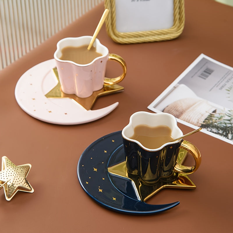 Set, Star Moon Teacup And Saucer, Ceramic Coffee Cup And Saucer Plate, Shiny Exquisite Drinking Cups For Breakfast, Tea Party, Afternoon Tea, Home, Garden, Restaurant And More, Summer Winter Drinkware, Christmas Decor