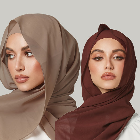 2pcs/set Stylish Elastic Undercap Chiffon Hijab Set Elegant Solid Color Breathable Inner Hijab Cap & Thin Sunscreen Head Wrap Combination