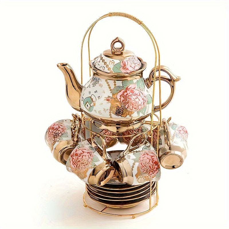 3/20pcs Tea Set, Ceramics Tea Set, Afternoon Tea Set Porcelain Tea Set With Metal Holder, European Ceramic Tea Set For Adults,Flower Tea Set,Tea Set For Women With Flower Painting