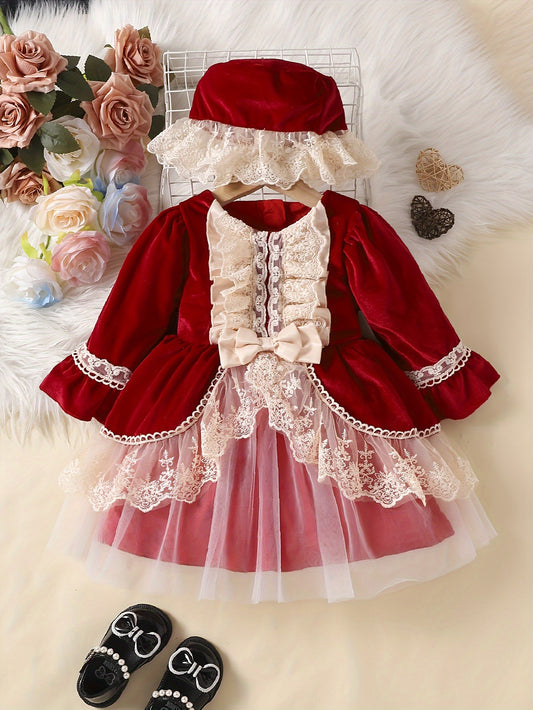 Baby Girls Ruffle Lace Flared Long Sleeve Casual Sweet & Cute Dress + Hat Two-piece Set