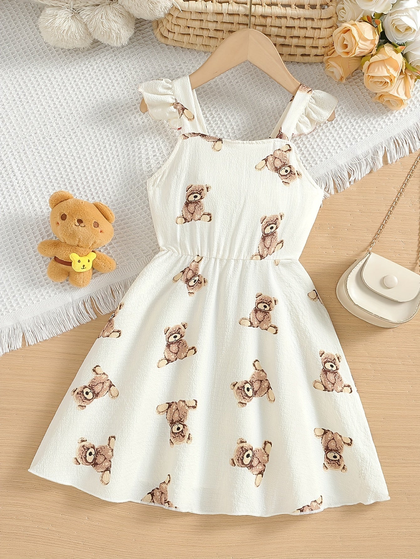 Baby Toddler Girls Full Cartoon Bear Print Flying Suspender Dress Cute Style Casual & Comfy Dress For Summer