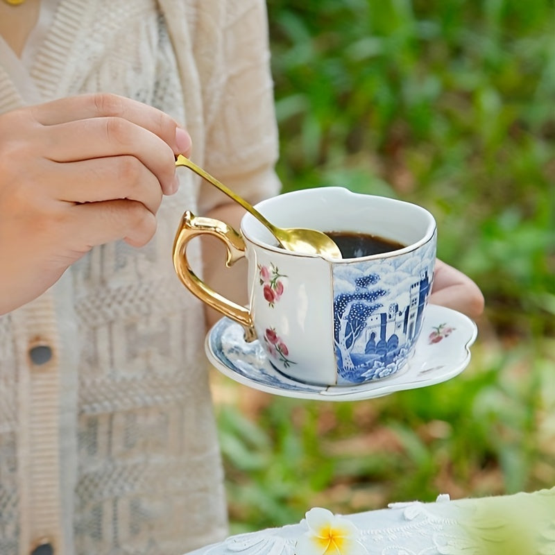 Set, Creative Vintage Painting Teacup And Saucer, Ceramic Coffee Cup And Saucer Plate, European Style Drinking Cups For Breakfast, Tea Party, Afternoon Tea, Home, Garden, Restaurant And More, Summer Winter Drinkware