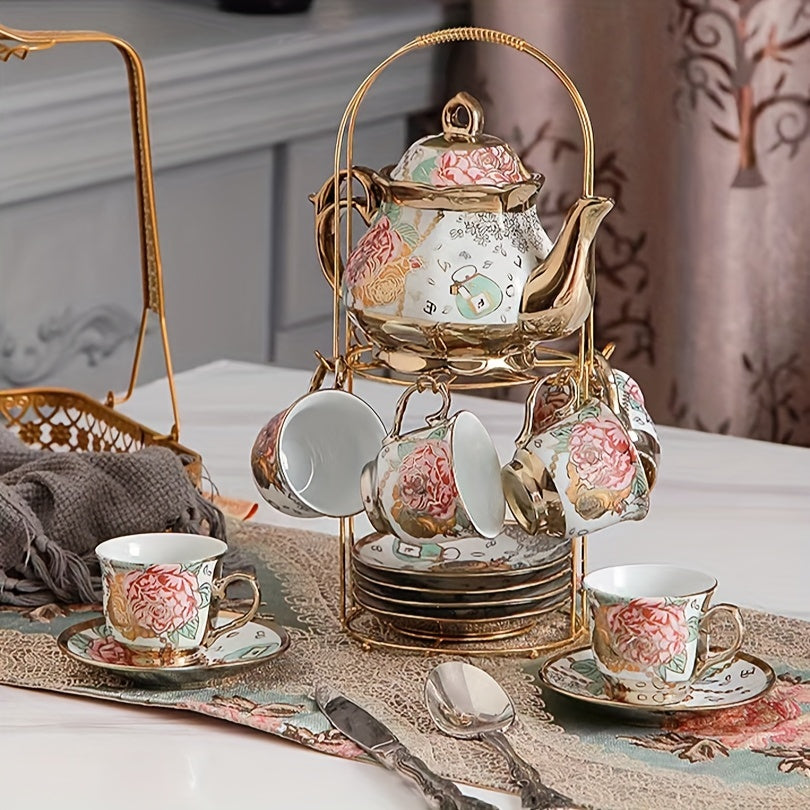 3/20pcs Tea Set, Ceramics Tea Set, Afternoon Tea Set Porcelain Tea Set With Metal Holder, European Ceramic Tea Set For Adults,Flower Tea Set,Tea Set For Women With Flower Painting