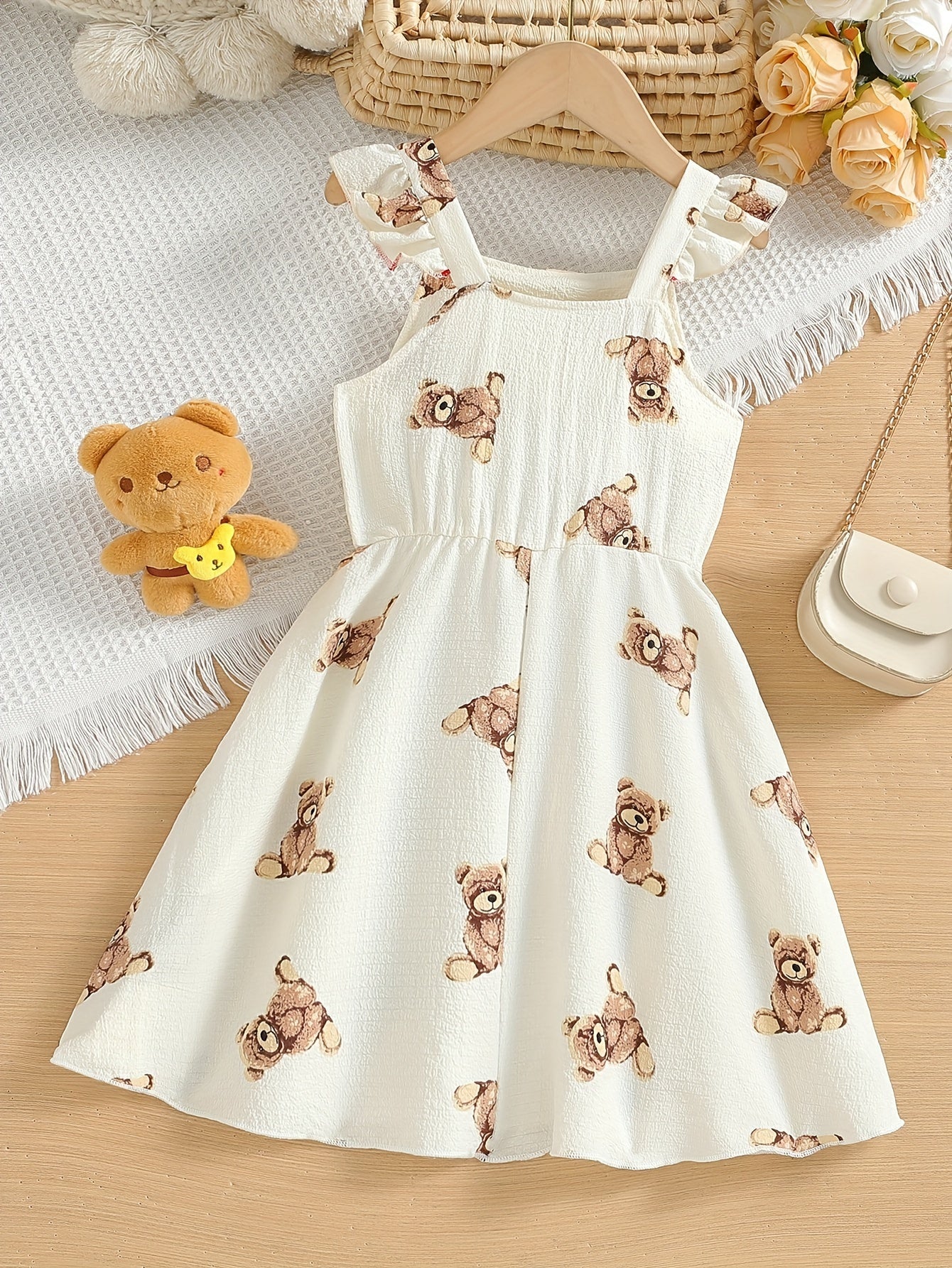 Baby Toddler Girls Full Cartoon Bear Print Flying Suspender Dress Cute Style Casual & Comfy Dress For Summer