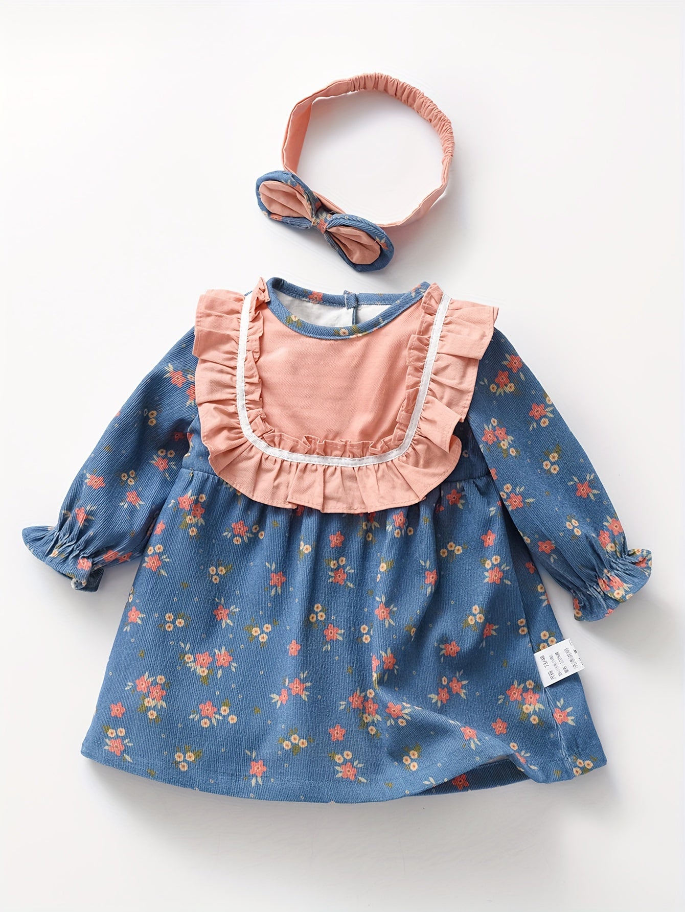 Spring Spring Autumn Newborn Infant Baby Girl Girls Long Sleeve Floral Print Ruffle Denim Dress With Headband Set, Baby Girl Fashion Princess Skirt Baby Clothes