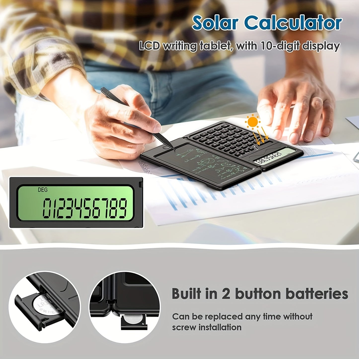 Scientific Calculators10-Digit LCD Display Foldable Calculator With Handwriting board, Solar and Battery Dual Power supply for Teacher, Engineer