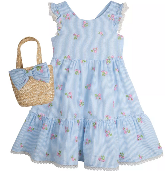 Toddler Girls Embroidered Seersucker Dress with Matching Bag, 2 Piece Set