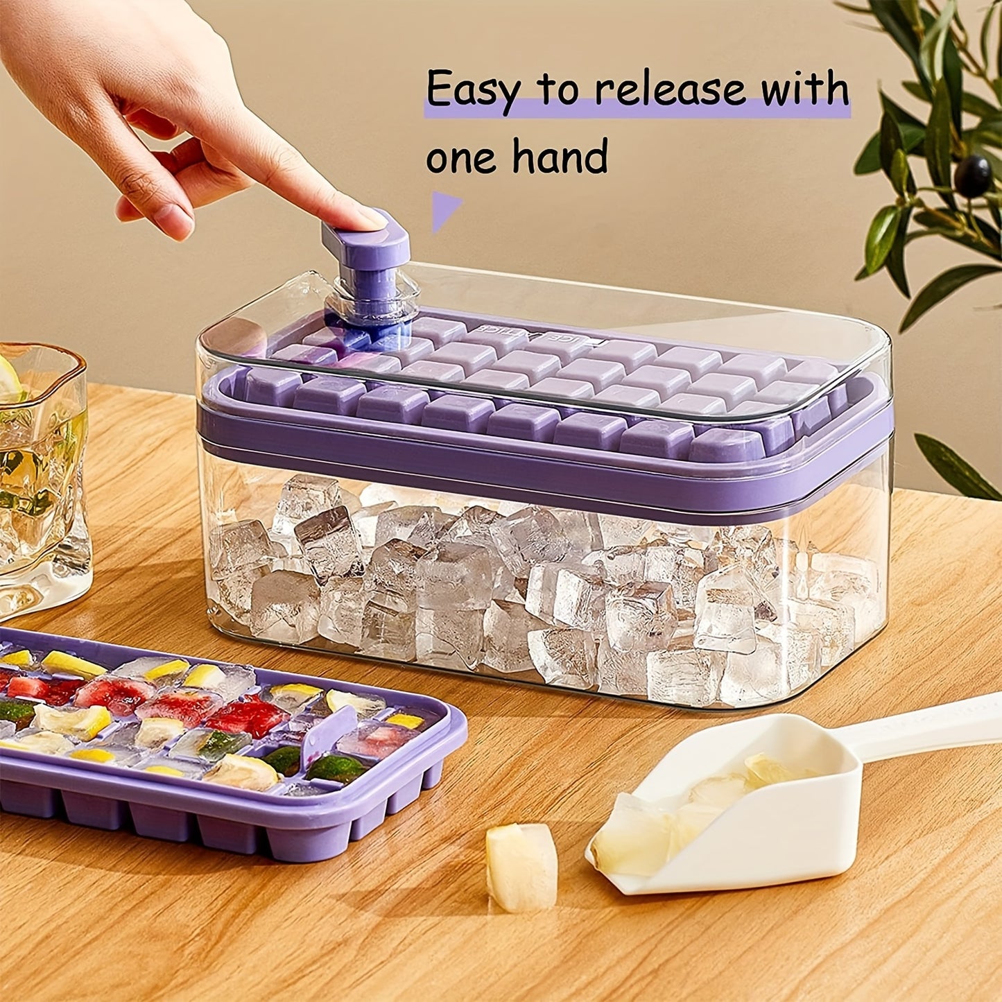 Ice Cube Tray With Lid And Bin, 2 Pack Ice Cube Trays For Freezer, 64-grid Ice Cube Mold (Purple)