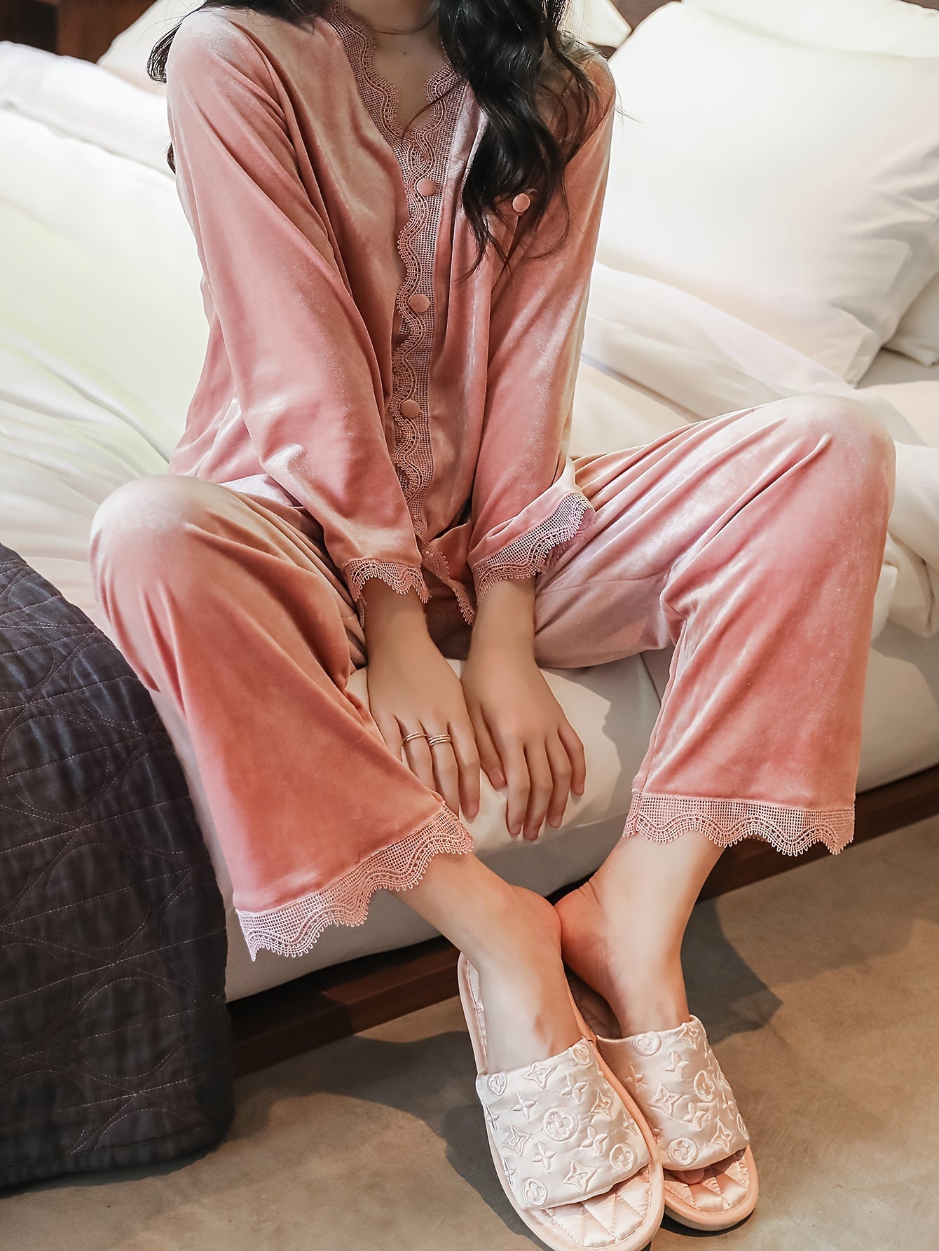 Solid Print Velvet Pajama Set, Elegant Lace Trim Long Sleeve Button Top & Elastic Waistband Pants, Women's Sleepwear & Loungewear