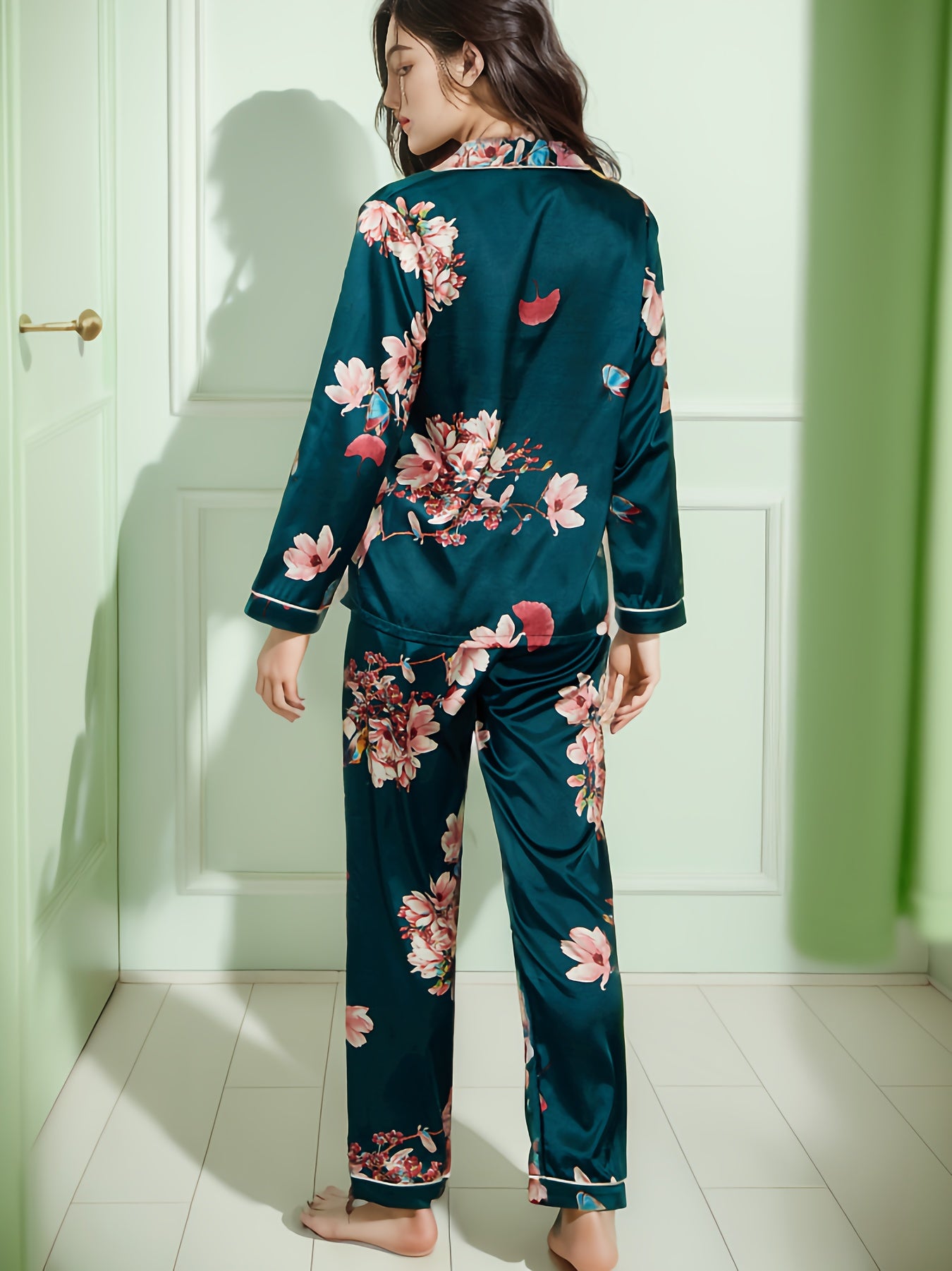 Floral Print Satin Pajama Set, Long Sleeve Button Up Lapel Top & Elastic Waistband Pants, Women's Sleepwear & Loungewear