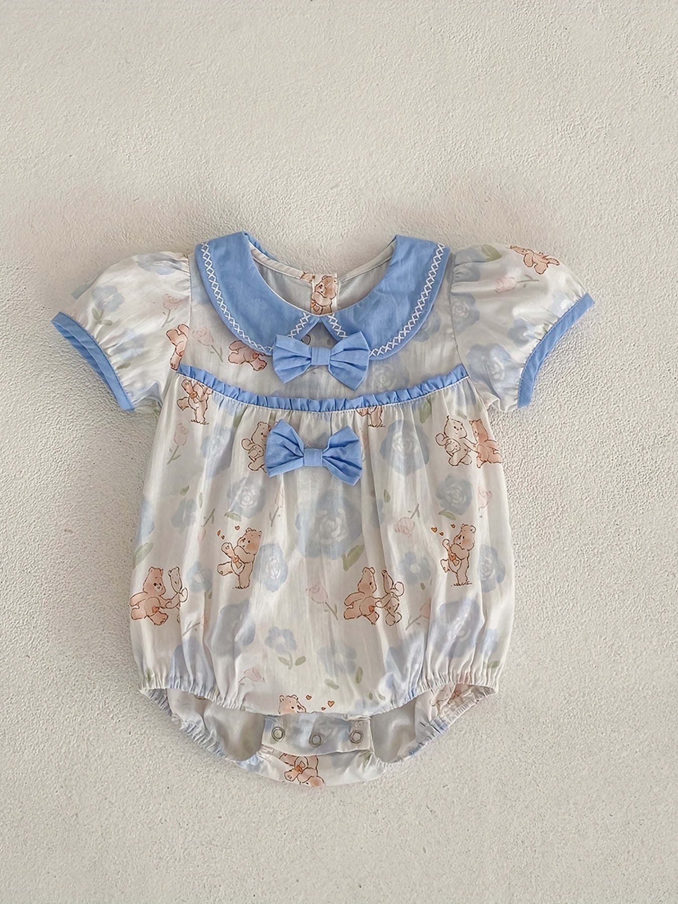 Adorable Bear & Flowers Print Baby Onesie - Soft & Breathable Summer Clothes for Girls