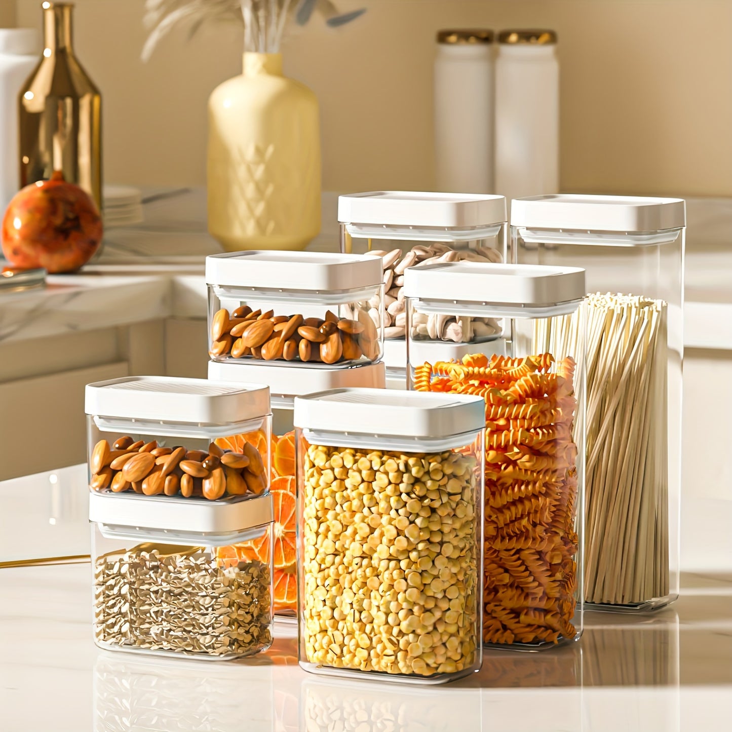 6packs Airtight Food Storage Container Set, BPA Free Clear Plastic Kitchen Pantry Organization Canisters With Leak Proof Lids Including Labels, White