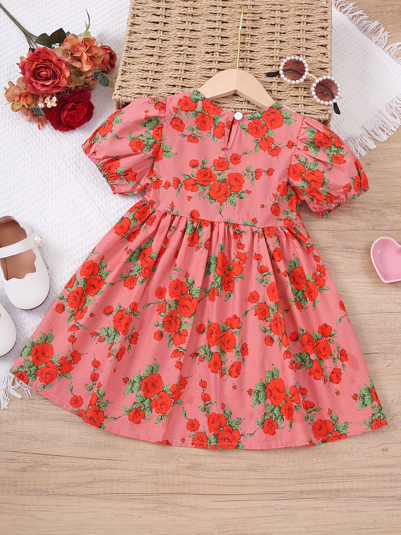 Sweet Toddler Girls Rose Flower Graphic Puff Short Sleeve Dress