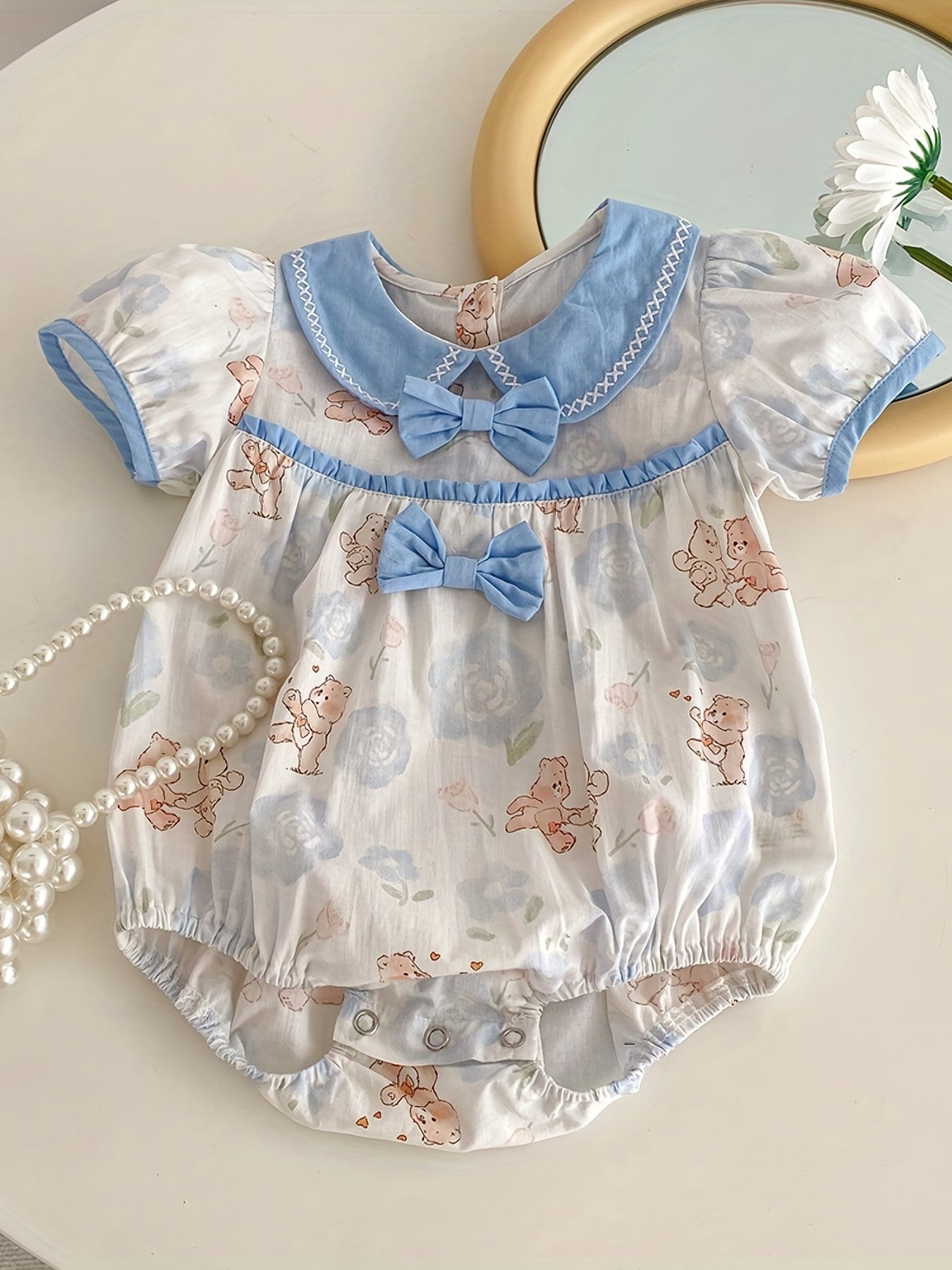 Adorable Bear & Flowers Print Baby Onesie - Soft & Breathable Summer Clothes for Girls