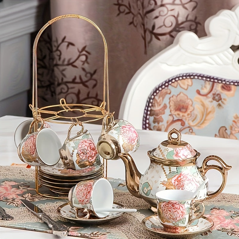 3/20pcs Tea Set, Ceramics Tea Set, Afternoon Tea Set Porcelain Tea Set With Metal Holder, European Ceramic Tea Set For Adults,Flower Tea Set,Tea Set For Women With Flower Painting