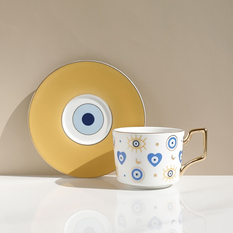 Set, Evil Eye Teacup And Saucer, Ceramic Coffee Cup And Saucer Plate, Nordic Style Drinking Cups For Breakfast, Tea Party, Afternoon Tea, Home, Garden, Restaurant And More, Summer Winter Drinkware