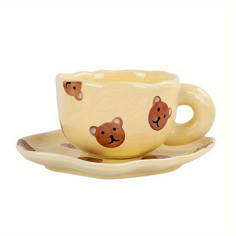 1 Set 6.09oz Little Bear Coffee Cup With Saucer Ceramic Mug Water Cups Tea Cup Summer Winter Drinkware