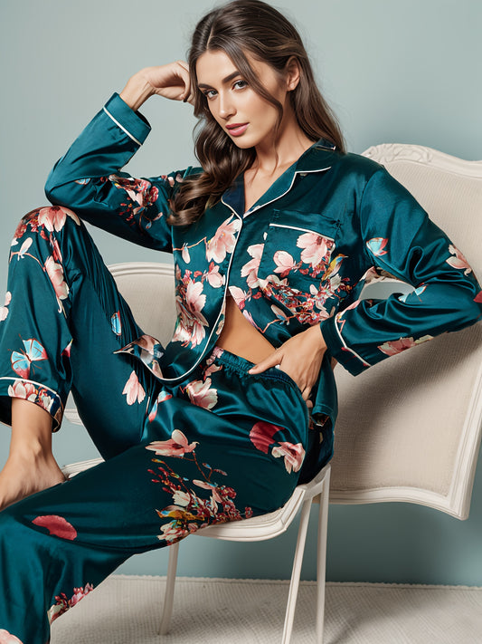 Floral Print Satin Pajama Set, Long Sleeve Button Up Lapel Top & Elastic Waistband Pants, Women's Sleepwear & Loungewear