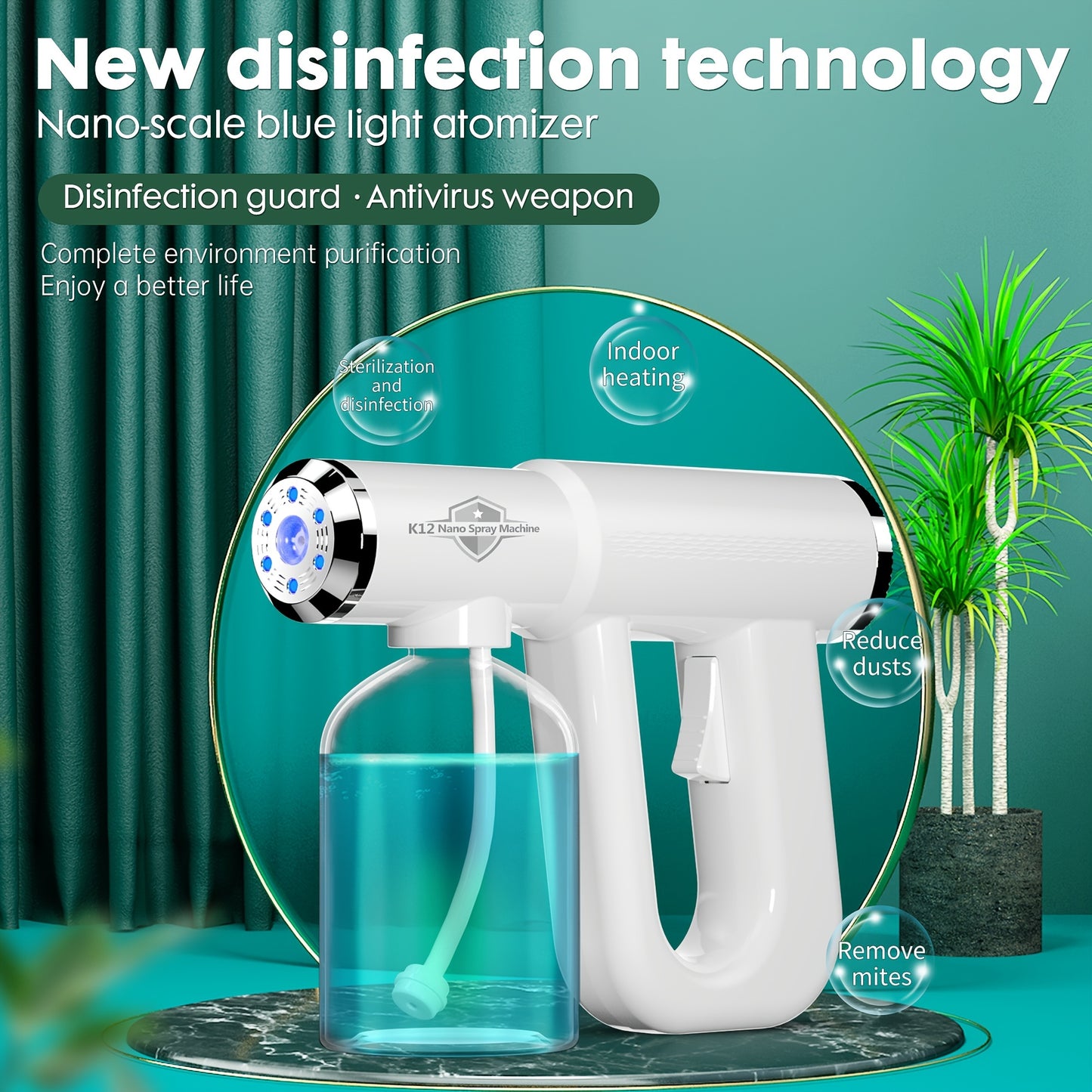 K12 Professional Nano Spray Gun Disinfectant Fogger Machine: Rechargeable Atomizer & Cordless Handheld Nano Steam Gun With Blue Light For Touchless Sanitization