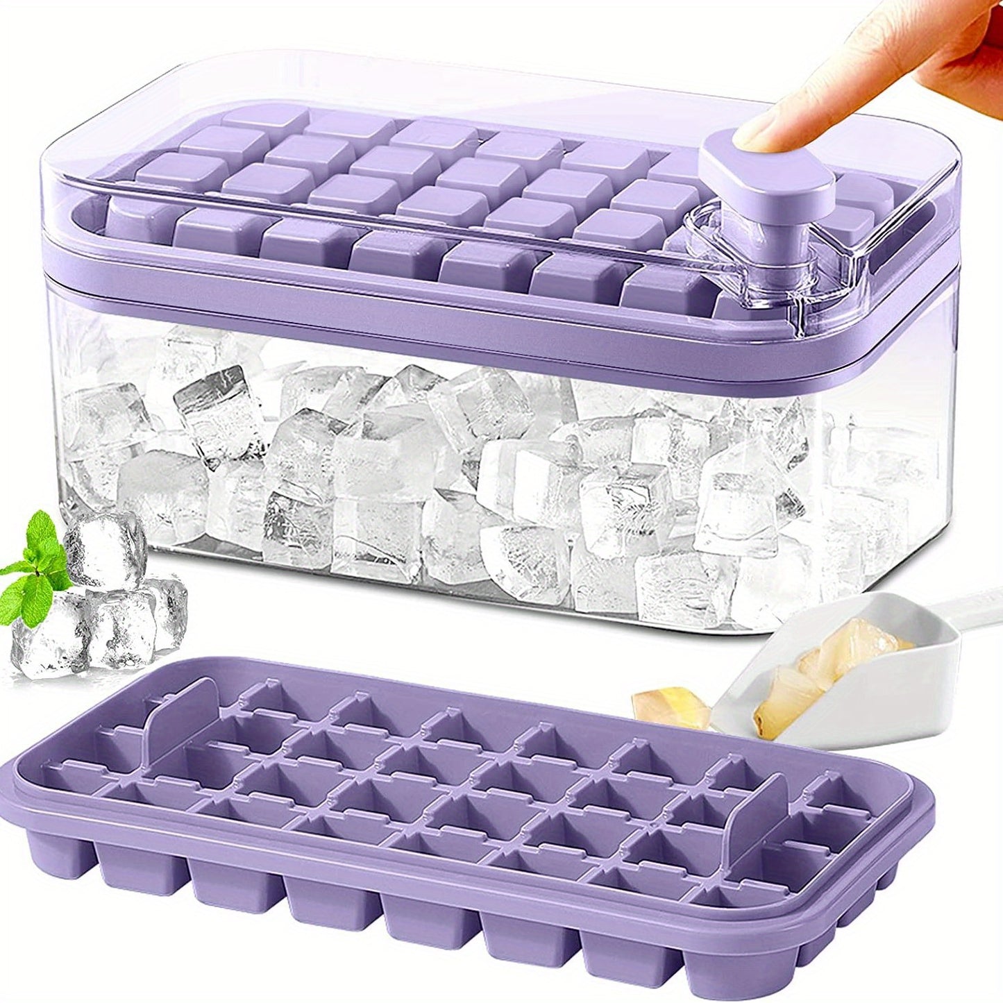 Ice Cube Tray With Lid And Bin, 2 Pack Ice Cube Trays For Freezer, 64-grid Ice Cube Mold (Purple)