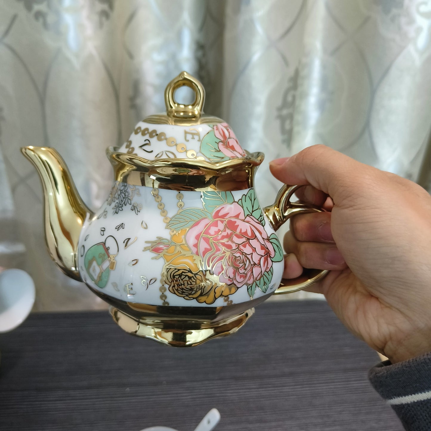 3/20pcs Tea Set, Ceramics Tea Set, Afternoon Tea Set Porcelain Tea Set With Metal Holder, European Ceramic Tea Set For Adults,Flower Tea Set,Tea Set For Women With Flower Painting