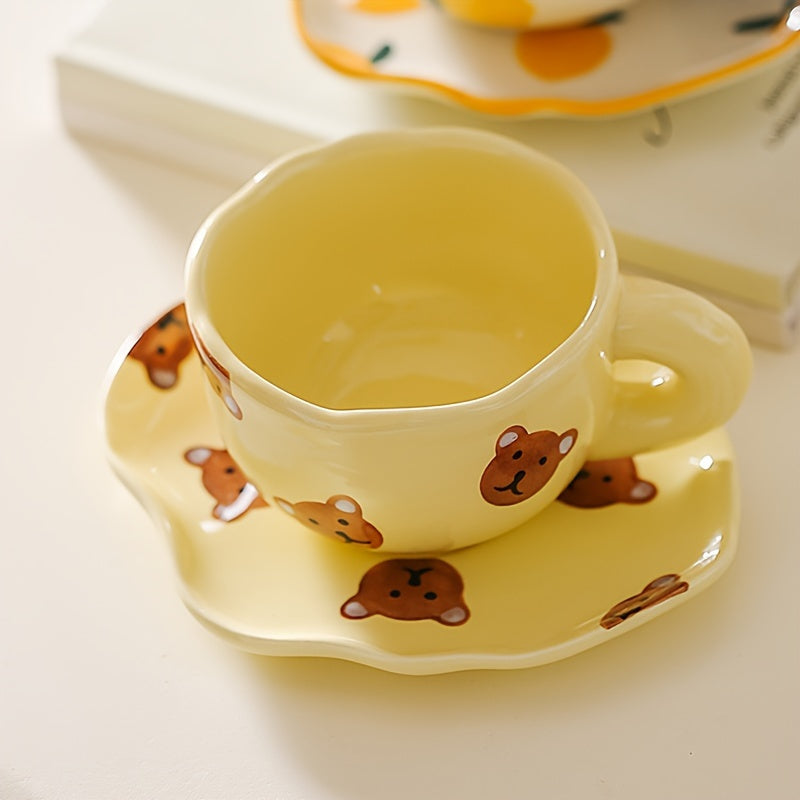 1 Set 6.09oz Little Bear Coffee Cup With Saucer Ceramic Mug Water Cups Tea Cup Summer Winter Drinkware