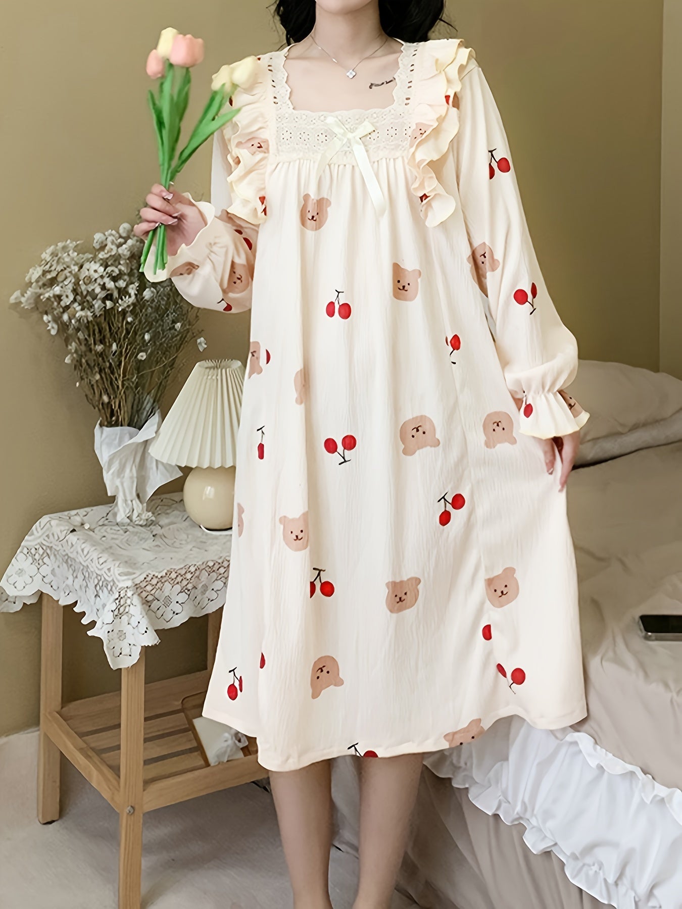 Cute Bear & Cherry Print Nightdress, Ruffle Trim Flounce Sleeve Square Neck Sleep Dress, Women's Sleepwear & Dresses