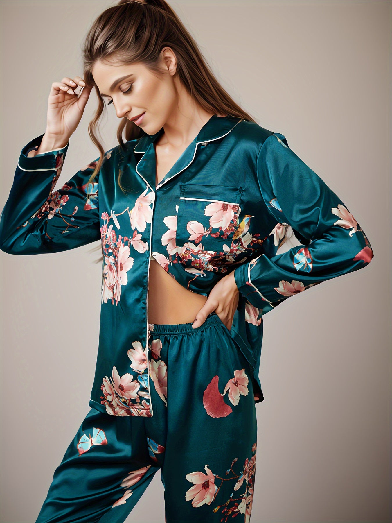 Floral Print Satin Pajama Set, Long Sleeve Button Up Lapel Top & Elastic Waistband Pants, Women's Sleepwear & Loungewear