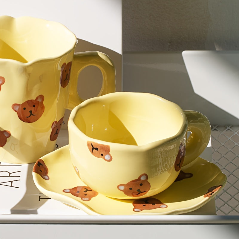 1 Set 6.09oz Little Bear Coffee Cup With Saucer Ceramic Mug Water Cups Tea Cup Summer Winter Drinkware