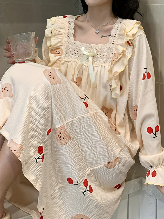 Cute Bear & Cherry Print Nightdress, Ruffle Trim Flounce Sleeve Square Neck Sleep Dress, Women's Sleepwear & Dresses